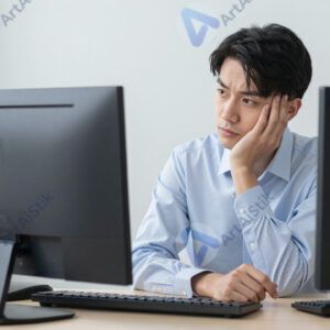 Офисный работник пустой взгляд в монитор, скука.