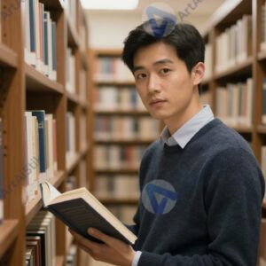 Портрет в библиотеке среди полок