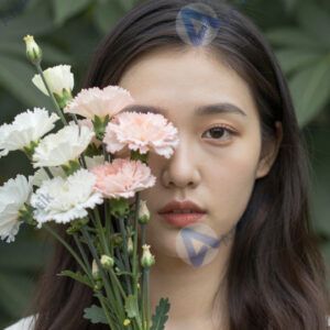 Портрет с букетом цветов у лица