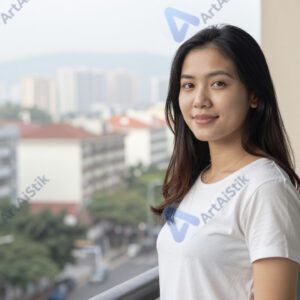 Портрет на балконе с видом на город