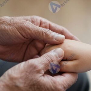 Дедушка держит внука за руку