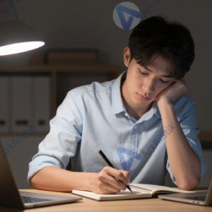 Студент над тетрадью ночью