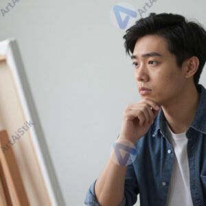 Художник смотрит на холст