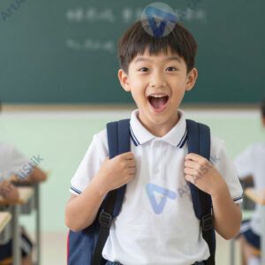 Первоклассник с портфелем у школы