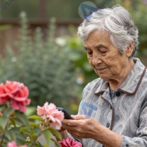 Пожилая женщина в саду с цветами.