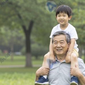 Дедушка с внуком на плечах