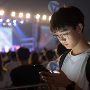 Подросток на концерте с телефоном.