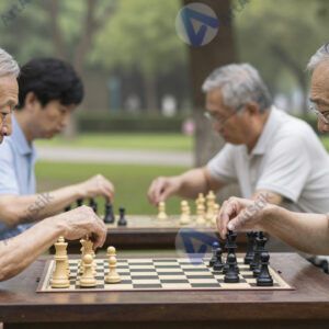 Пожилые играют в шахматы в парке.