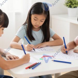 Дети рисуют фломастерами за низким столиком