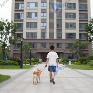 Мальчик выгуливает собаку во дворе многоэтажки.