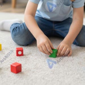 Малыш собирает кубики на ковре