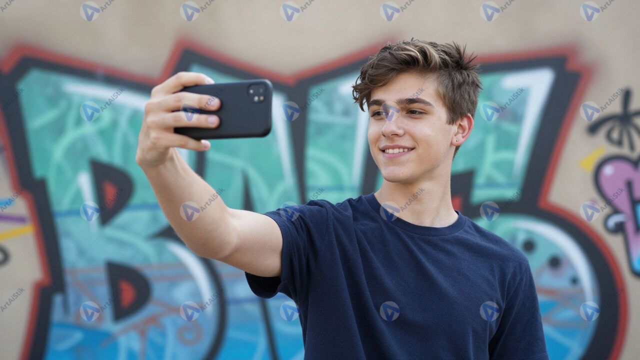 Подросток делает селфи на фоне граффити. Подросток делает селфи на фоне граффити.
