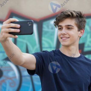 Подросток делает селфи на фоне граффити.