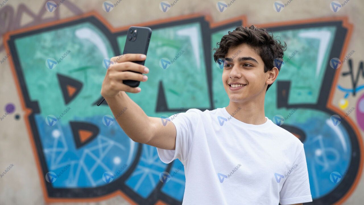 Подросток делает селфи на фоне граффити. Подросток делает селфи на фоне граффити.