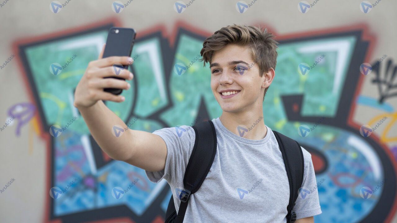 Подросток делает селфи на фоне граффити. Подросток делает селфи на фоне граффити.