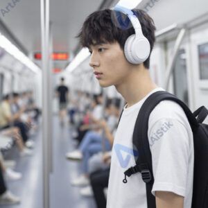 Подросток с рюкзаком и наушниками в метро.