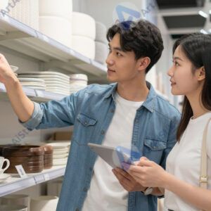 Молодая пара выбирает мебель в магазине интерьеров.