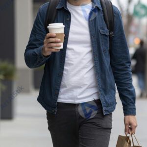 Взрослый мужчина идёт по улице с кофе навынос