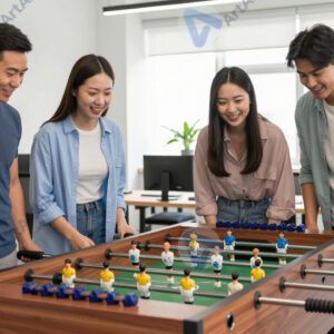 Взрослые друзья играют в настольный футбол в офисе.