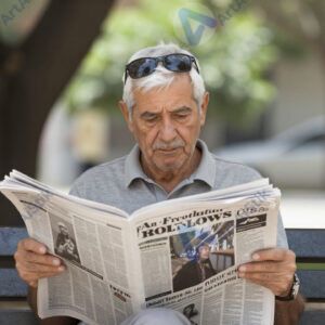 Пожилой мужчина на скамейке читает газету под деревом.