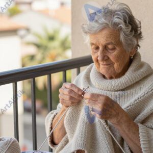 Пожилая женщина в вязаной шали вяжет на балконе.