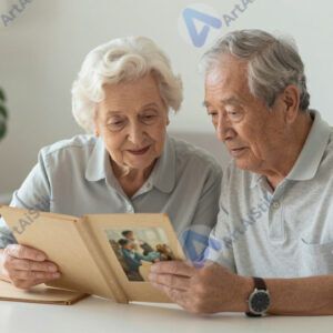 Пожилая пара рассматривает старый фотоальбом за столом.