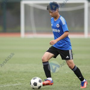 Мальчик в спортивной форме на тренировке по футболу.