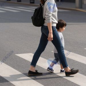 Взрослая женщина с ребёнком за руку переходит дорогу.