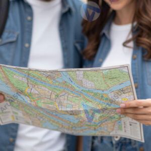 Взрослая пара с картой в руках осматривает достопримечательности.