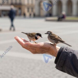 Пожилая женщина кормит птиц с ладони на площади.