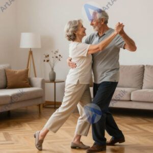 Пожилая пара танцует медленный танец в гостиной.