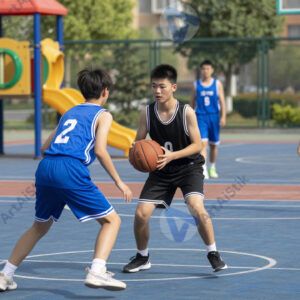 Подростки играют в баскетбол на уличной площадке.