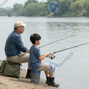 Пожилой мужчина и внук вместе ловят рыбу на берегу реки.