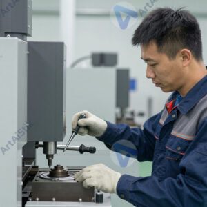 Рабочий у станка на заводе.