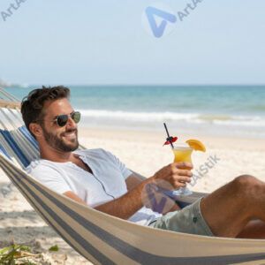 Мужчина в гамаке с коктейлем