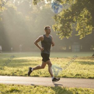 Бегун в парке на рассвете.