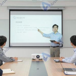 Сотрудник делает презентацию у проектора в переговорной.