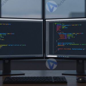 Программист печатает код за двумя мониторами вечером. Программист печатает код за двумя мониторами вечером.