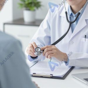 Врач слушает пациента стетоскопом в кабинете.