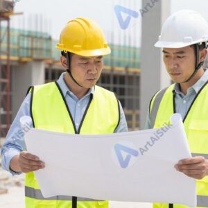 Строители в касках обсуждают чертёж на стройплощадке.