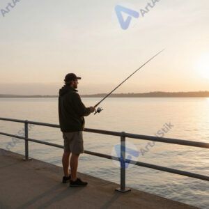 Мужчина рыбачит с мостка на озере на рассвете.