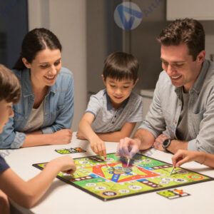 Семья играет в настольную игру вечером на кухне.