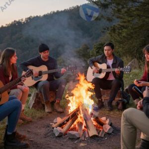 Туристы сидят у костра в походе