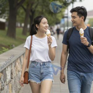 Пара гуляет по набережной с мороженым в руках.