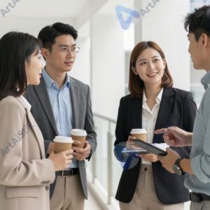 Коллеги обсуждают проект за кофе-брейком в коридоре.