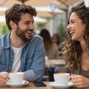 Две подруги смеются в уличном кафе с чашками кофе.