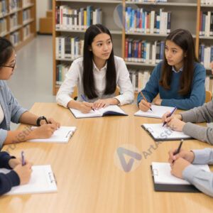 Группа студентов обсуждает проект за большим столом в библиотеке.