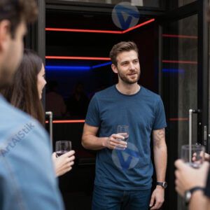 Парень рассказывает что‑то друзьям у входа в клуб