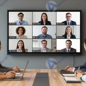 Онлайн-встреча команды на большом экране в переговорной.