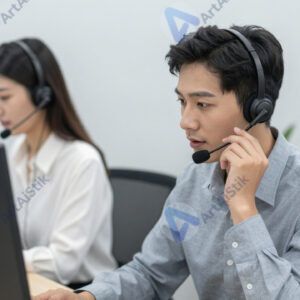 Офисный работник разговаривает по гарнитуре